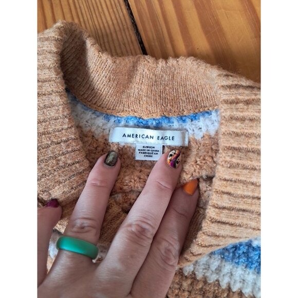 American Eagle Sweater S Striped Tan Blue White Waffle Knit Crew Neck Pullover - Picture 3 of 3